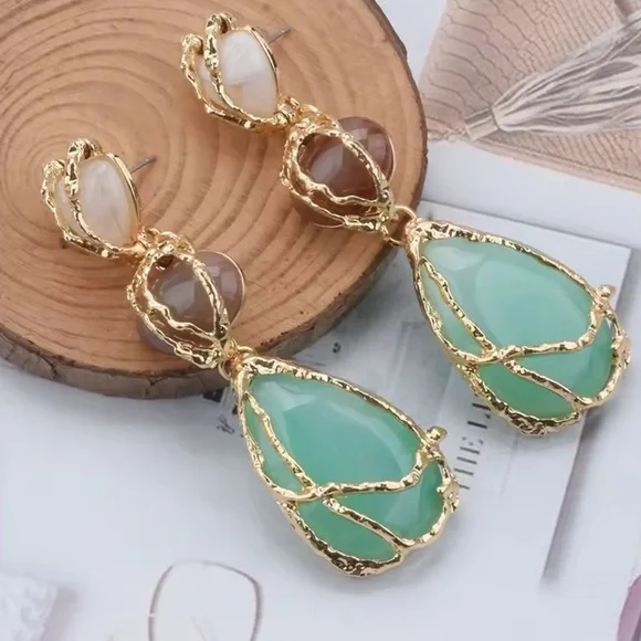 Zara Gold Green Stone Drop Earrings - Picture 10 of 10